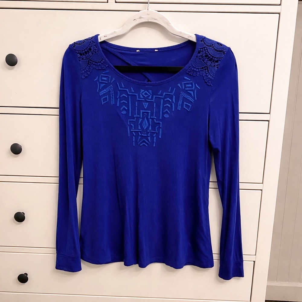 Skies Are Blue Cobalt Blue Long-Sleeve Embroidered Tee